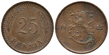 ФИНЛЯНДИЯ 25 ПЕННИ 1943 KM 25а медь 99-865