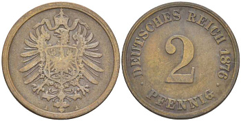 ГЕРМАНИЯ 2 ПФЕННИГА 1876 A, СТАРОГЕРБОВКА KM 2, J. 2, Weege 3 медь 212-626