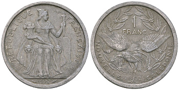 Французская Новая Каледония 1 франк 1977 птица кагу, (IEOM) KM 10, Schoen 10, Lec 40 алюминий    51-951