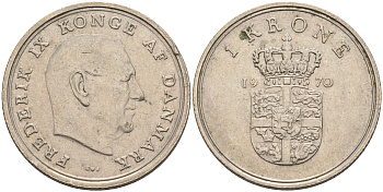 ДАНИЯ 1 КРОНА 1970 C; S, ФРЕДЕРИК IX (1947-1972) KM 851.1 медно-никель 4566-547