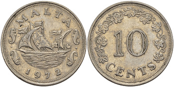 Мальта 10 центов 1972 баржа Великого магистра KM 11 медно-никель 82-431