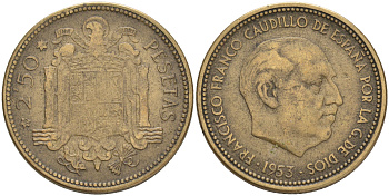 ИСПАНИЯ 2 1/2 ПЕСЕТЫ 1953 (56) ФРАНСИСКО ФРАНКО ДИКТАТОР ИСПАНИИ (1939-1975) KM 785 алюминиевая бронза 4561-815