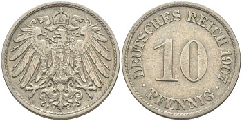 Германия 10 пфеннигов 1907 F KM 12, J. 13, Weege 8 медно-никель 210-647