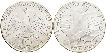 ФРГ 10 марок 1972 J, XX летние Олимпийские игры 1972 года в Мюнхене, символика KM 131, J.402 серебро UNC 107-1222