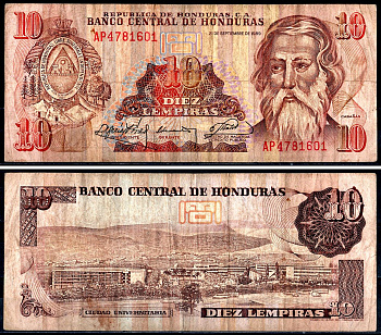 Гондурас 10 Лемпира 1989 Pick 70a бумага 3295-106-3-1