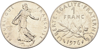 Франция 1 франк 1976 сеятель, тип Semeuse KM 925, Le Franc 226.21 никель 4592-1121