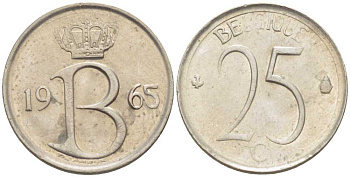 Бельгия 25 сантимов 1965 Belgique, Бодуэн I (1951-1993) KM 153.1 медно-никель 214-427