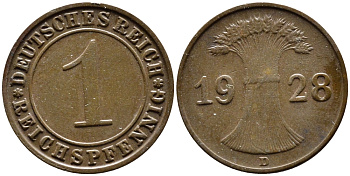 ГЕРМАНИЯ 1 РЕЙХСПФЕННИГ 1928 D KM 37, J.313 бронза 4387-1126