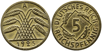 Германия 5 рейхспфеннигов 1925 A KM 39, J. 316, Weege 7 алюминиевая бронза 4387-1151