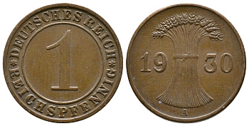 ГЕРМАНИЯ 1 РЕЙХСПФЕННИГ 1930 A KM 37, J. 313 бронза 4380-1211