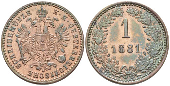 АВСТРИЯ 1 КРЕЙЦЕР 1881 ФРАНЦ ИОСИФ (1846-1918) KM 2186 медь 201-911
