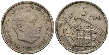 Испания 5 песет 1957 (74) Франсиско Франко (1939-1975) KM 786 медно-никель 186-751