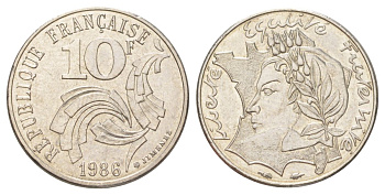 Франция 10 франков 1986 Свобода, Равенство, Братство KM 959 никель UNC 4627-1022