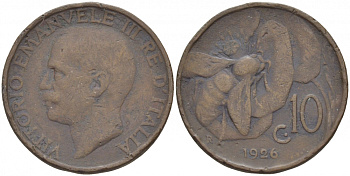 ИТАЛИЯ 10 ЧЕНТЕЗИМО 1926 R, ВИКТОР ИММАНУИЛ, ПЧЕЛА KM 60 медь 4544-1056