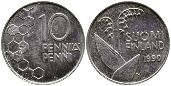 ФИНЛЯНДИЯ 10 ПЕННИ 1990 ЛАНДЫШ KM 65 медно-никель 26-955