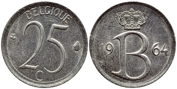 Бельгия 25 сантимов 1964 Belgique, Бодуэн I (1951-1993) KM 153.1 медно-никель 4392-857