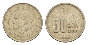 Турция 50000 лир 2001 Кемаль Ататюрк KM 1105 медь цинк никель 4647-648