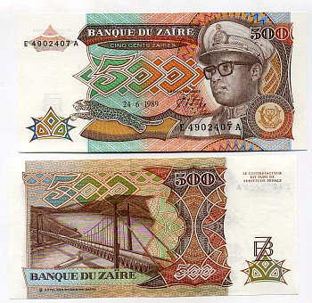 Заир 500 заиров 1989 Мобуту Сесе Секо в военной форме, мост через реку Конго Pick 34 а бумага UNC (пресс) 448-46-1