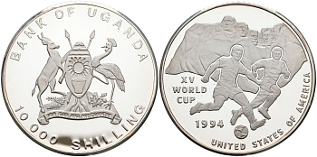 Уганда 10000 шиллингов 1992 XV чемпионат мира по футболу 1994 года в США, тираж 10000 экз. KM 33 серебро PROOF 04-317-14