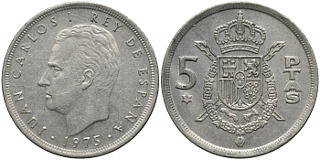 Испания 5 песет 1975 (79) Хуан Карлос I (1975-2014) KM 807 медно-никель 4171-523