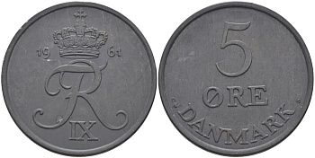 ДАНИЯ 5 ЭРЕ 1961 C; S, ФРЕДЕРИК IX (1947-1972) KM 843.2 цинк UNC 97-1211