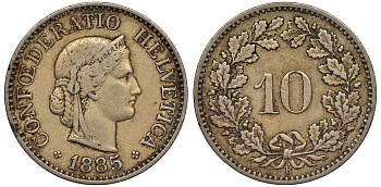 Швейцария 10 раппенов 1885 KM 27	медно-никель 4561-846