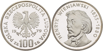 Польша 100 злотых 1979 MW, Генрик Венявский (1835-1880) KM 98, Parchimowicz 284 серебро PROOF 1085-1-24