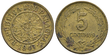 Парагвай 5 сентимо 1947  KM 21 алюминиевая бронза    220-1014