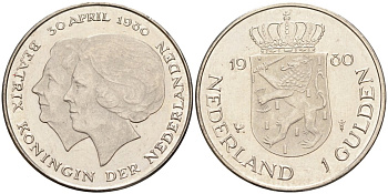 Нидерланды 1 гульден 1980 на коронацию Беатрикс, 30 апреля 1980 KM 200 никель 4563-221