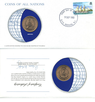Восточно-Карибские штаты, Гренада 2 цента 1965 конверт с маркой первого дня гашения, Coins of Nations KM 3 бронза UNC 4294-62-3