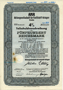 Германия 500 рейхсмарок 1943 АО топливных заводов, Дрезден, также известное как AKA, 4%частичное обязательство, серия XIV, облигация   бумага   8802-47-1
