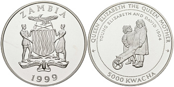 Замбия 5000 квача 1999 серия королева Елизавета - королева мать, маленькая Елизавета и Дэвид KM 92 серебро PROOF 1095-10-63
