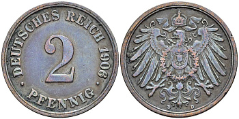 ГЕРМАНИЯ 2 ПФЕННИГА 1906 D KM 16, Jager 11, Weege 4 медь 4546-633