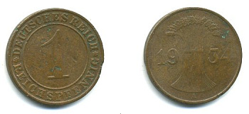 ГЕРМАНИЯ 1 РЕЙХСПФЕННИГ 1934 A KM 37, J.313 бронза 35-155