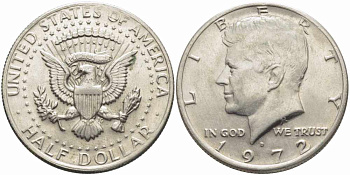 США 1/2 доллара (50 центов) 1972 D, Джон Кеннеди KM 202b медь плакированная медно-никелем 79-111