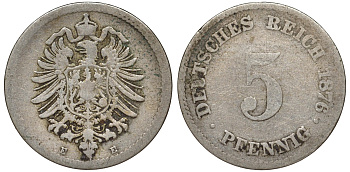 Германия 5 пфеннигов 1876 E, старогербовка KM 3, J. 3 медно-никель 51-3617