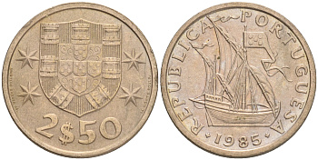 ПОРТУГАЛИЯ 2,5 ЭСКУДО 1985 ПАРУСНИК KM 590 медно-никель 192-818
