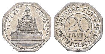 Нюрнберг трамвайный (транспортный) жетон в 20 пфеннигов ND (1920-1921) Фонтан Добродетелей Men05 19256.42, Men18 24102.42 алюминий UNC 4638-324