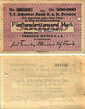 БРЕМЕН 500000 МАРОК 1923 НОТГЕЛЬД, 15 АВГУСТА 1923, FRANKE WERKE K. a. A., ПЕРФОРАЦИЯ ЗВЕЗДА, СВОБОДНЫЙ ГОРОД Keller 585c бумага 6300-32-2-2