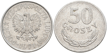 ПОЛЬША 50 ГРОШЕЙ 1971 MW KM 48.1 алюминий XF 190-436