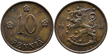 Финляндия 10 пенни 1938 KM 24 медь 4388-846