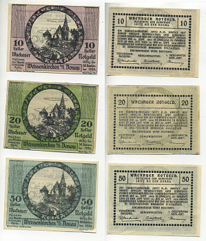 АВСТРИЯ, ВАЧАУ НАБОР ИЗ 3 БАНКНОТ 1920 30 СЕНТЯБРЯ 1920, НОТГЕЛЬД, 10, 20, 50 ГЕЛЛЕРОВ, SPITZ an der DONAU бумага XF 70-4-1