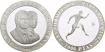 Испания 2000 песет 1990 XXV летние Олимпийские игры 1992 года в Барселоне, бег KM 864 серебро PROOF 04-174-31