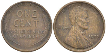США 1 ЦЕНТ 1920 ЛИНКОЛЬН KM 132 бронза 218-752