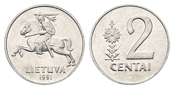 Литва 2 цента (сента) 1991 год-тип KM 86 алюминий UNC 4689-1034