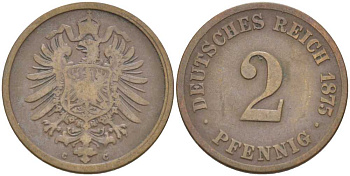 ГЕРМАНИЯ 2 ПФЕННИГА 1875 С, СТАРОГЕРБОВКА KM 2, J. 2, Weege 3 медь 212-525