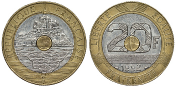 Франция 20 франков 1992 Мон-Сен-Мишель KM 1008.2, Le Franc 403.2 триметалл 4123-643