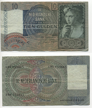 НИДЕРЛАНДЫ 10 ГУЛЬДЕНОВ 1942 Pick 56b бумага 6301-2-3