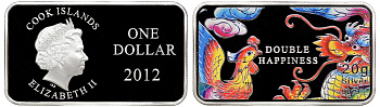 Острова Кука 1 доллар 2012 год дракона, двойного счастья, цветная эмаль KM NEW серебро PROOF 11-170-35