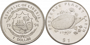 ЛИБЕРИЯ 1 ДОЛЛАР 1994 ЧЕРЕПАХА KM 124 медно-никель UNC 261-125